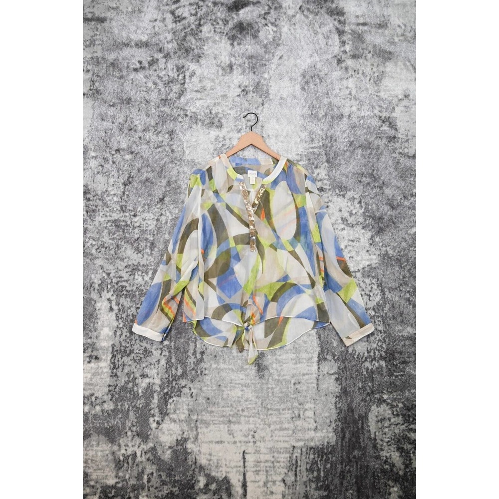 Chicos Sequin Abstract Art Chiffon Tunic Top Blouse 3 / XL